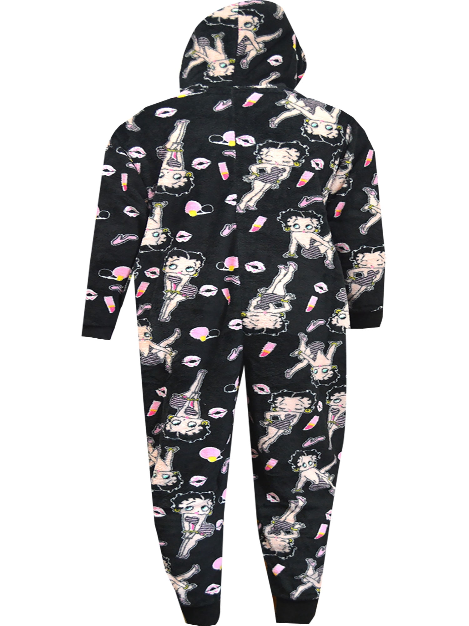 Apparel Connection LLC Womens Betty Boop Black Plush Hooded Onesie Pajama (Small)
