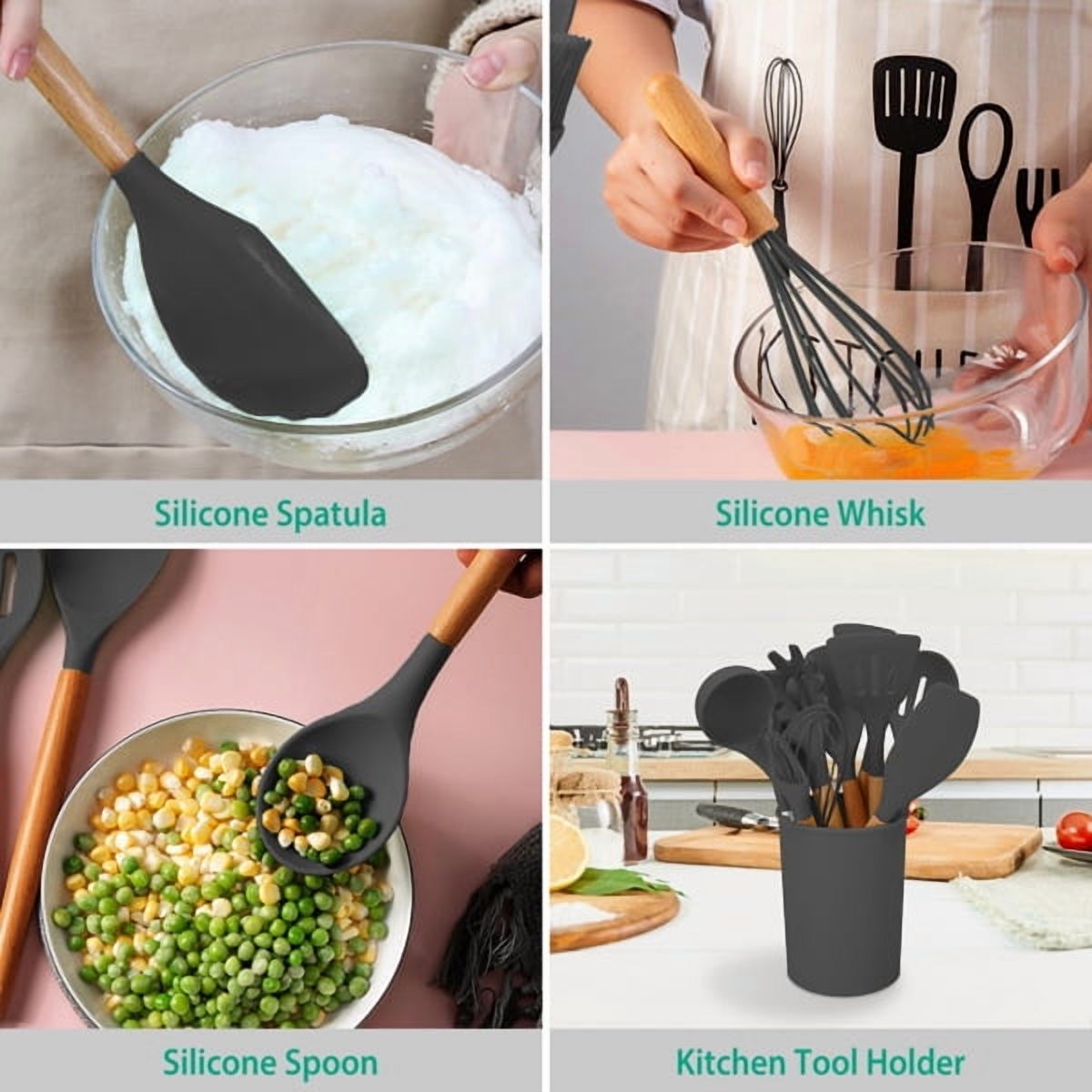 11Pcs Silicone Cooking Utensil Set Heat Resist Wooden Handle Silicone Spatula Ladle Spaghetti Server Tongs Spoon Egg whisk Kitchenware Set w/ Holder Grey