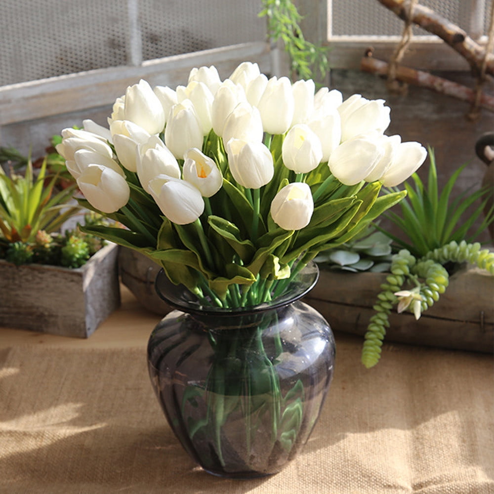 Fake Tulips Artificial Flowers, Real Touch PU Faux Flowers, Tulip Stems for Wedding, Spring Bouquet Floral Arrangement Home Party Office Decorations for Mother's Day (White/20 Pcs) 13.98Inches