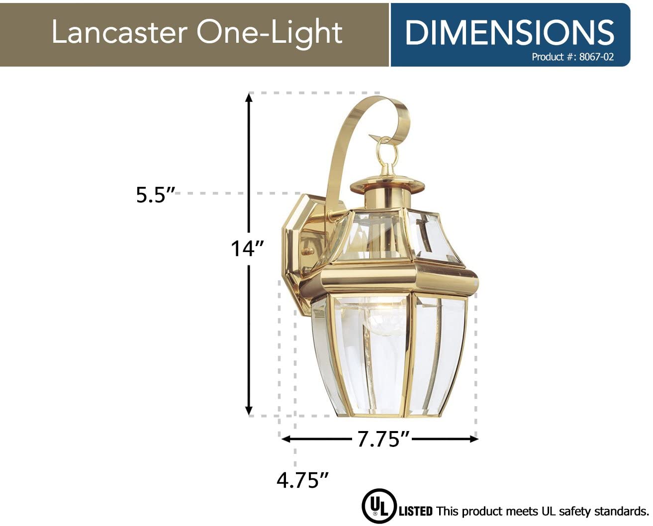 Sea Gull Lighting 8067-02 Lancaster Traditional One - Light Outdoor Wall Lantern Outside Fixture, Polished Brass Finish - image 2 of 2