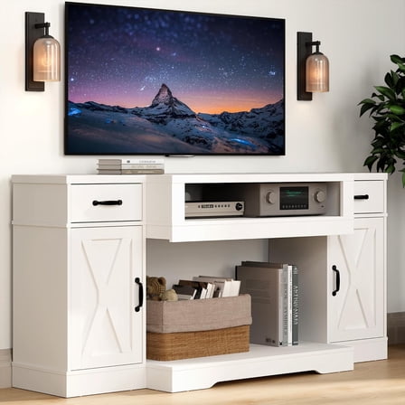 RoyalCraft Fireplace TV Stand with for TVs up to 75“, Large Entertainment Center with Storage, Farmhouse TV Console for Living Room (White, Without Electric Fireplace)
