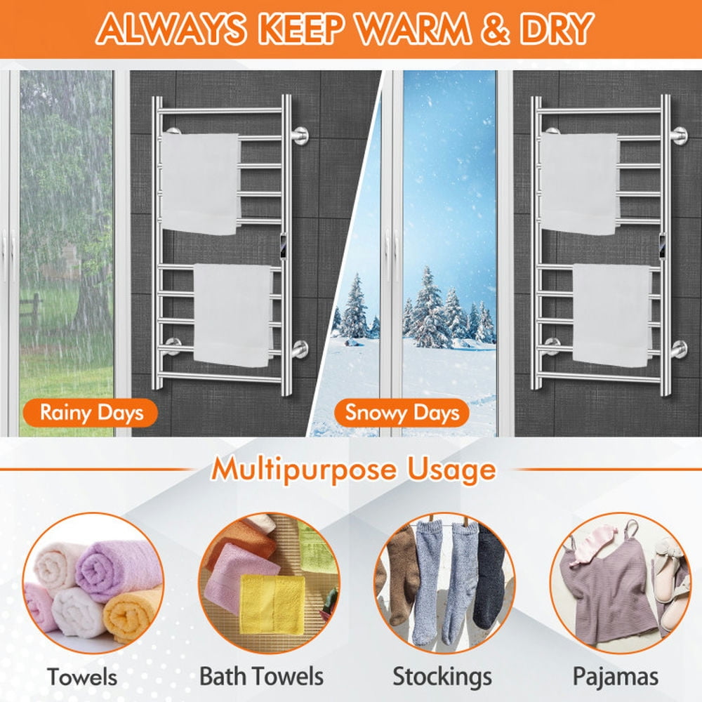 Finihen Wall Mounted Towel Warmer, Towel Rack, Towel Holder, 10-bar Heated Wall Mounted Towel Warmer with Timer, for Bathroom, laundry Room, Silver
