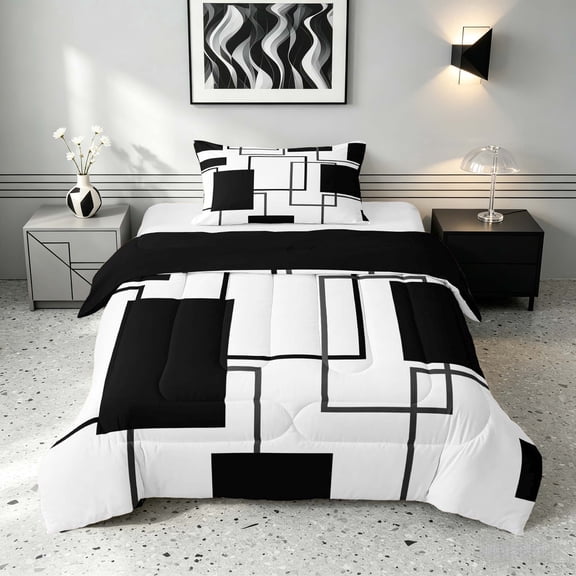 Manfei Geometric Black White Square Twin Comforter Sets,Contemporary Simple Art Bedding Set, Black Reversible 2 Pieces, 1 Comforter and 1 Pillowcase
