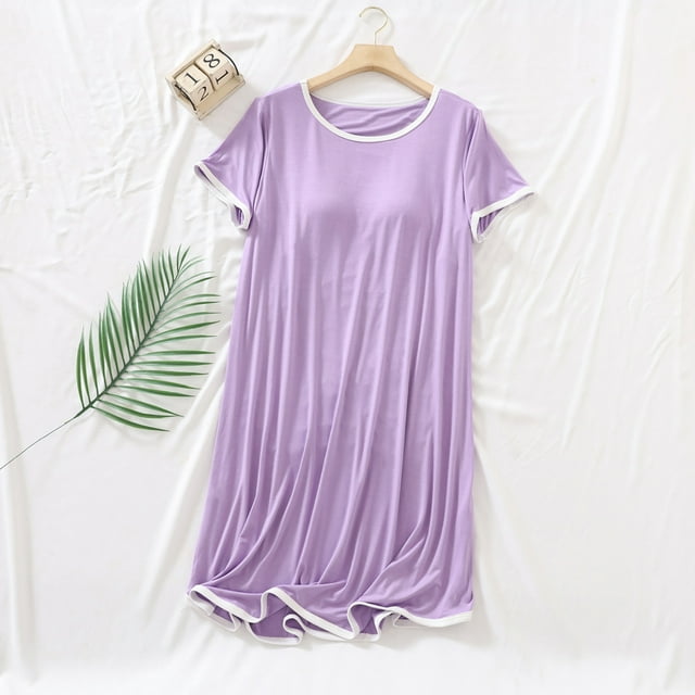 Sakmal Modal Moomoo Chemises de Nuit Femmes Douces Ludiques Violet Pyjama Robe de Nuit Col Rond Manches Longues Courtes Unies Chemises de Nuit M-2TG