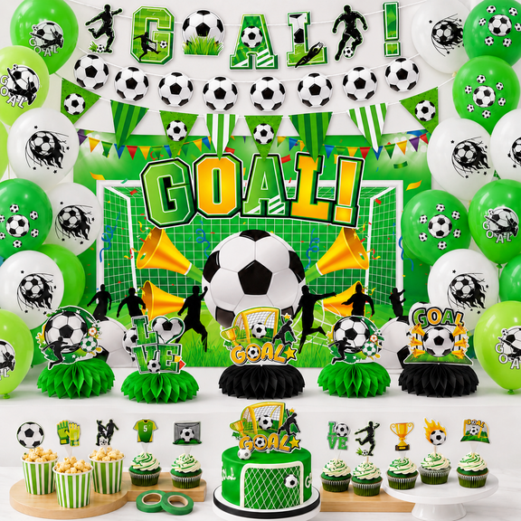 Soccer Party Decorations Set, Soccers Sports Birthday Theme Supplies with Banner Balloons Backdrop Cake Toppers