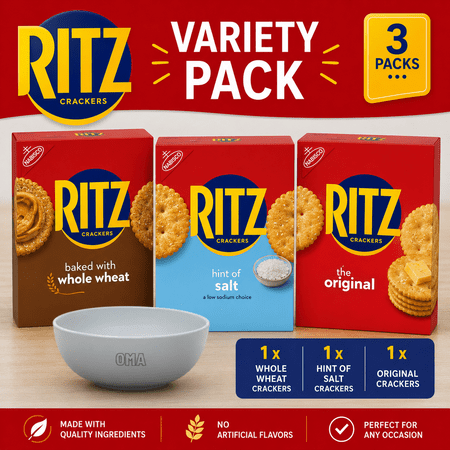 RITZ Original Crackers 13.7 oz & Hint of Salt Crackers 13.7 oz & Whole Wheat Crackers 12.9 oz Variety Pack Bundle with Free Bowl by OMA