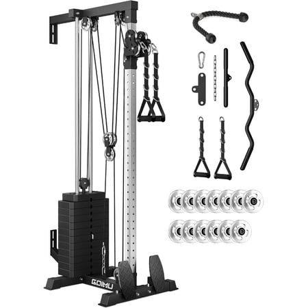 Wall Mount Cable Station with Aluminum Pulley, Cable Crossover Machine with Weight Stack and 33 Adjustable Positions, High & Low Dual Pulley System for Home Gym