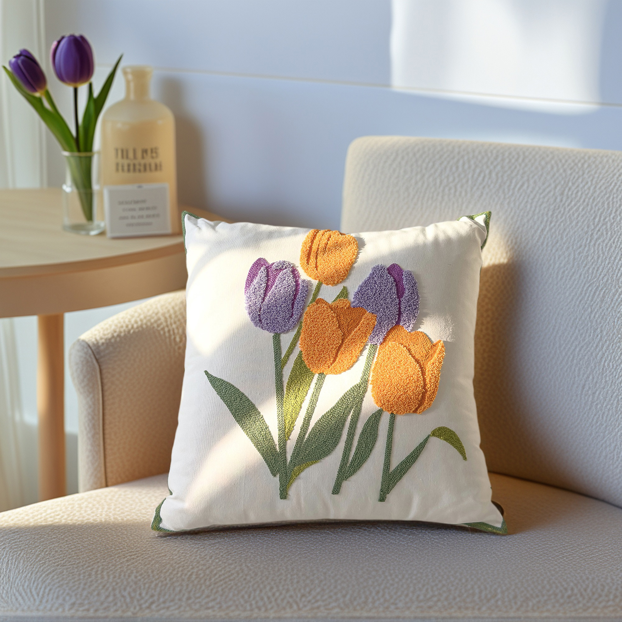 Unique Bargains Pack of 2 Flower Embroidered Throw Pillow Covers Purple Orange-Tulips