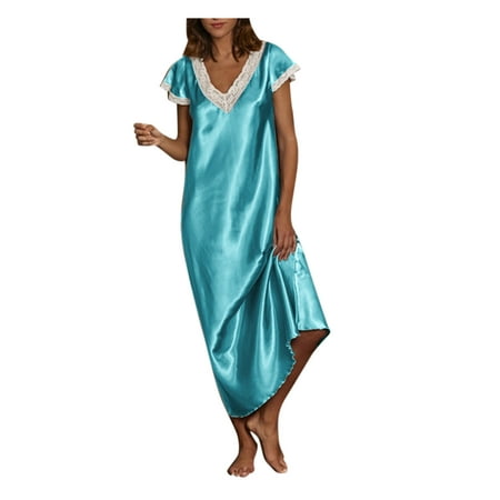 

Youmylove Female Sleepwear Short S0Leeve V Neck Homewear Pajamas Long Dress Nightgowns Sleepwear Romantic Sleep Clothes