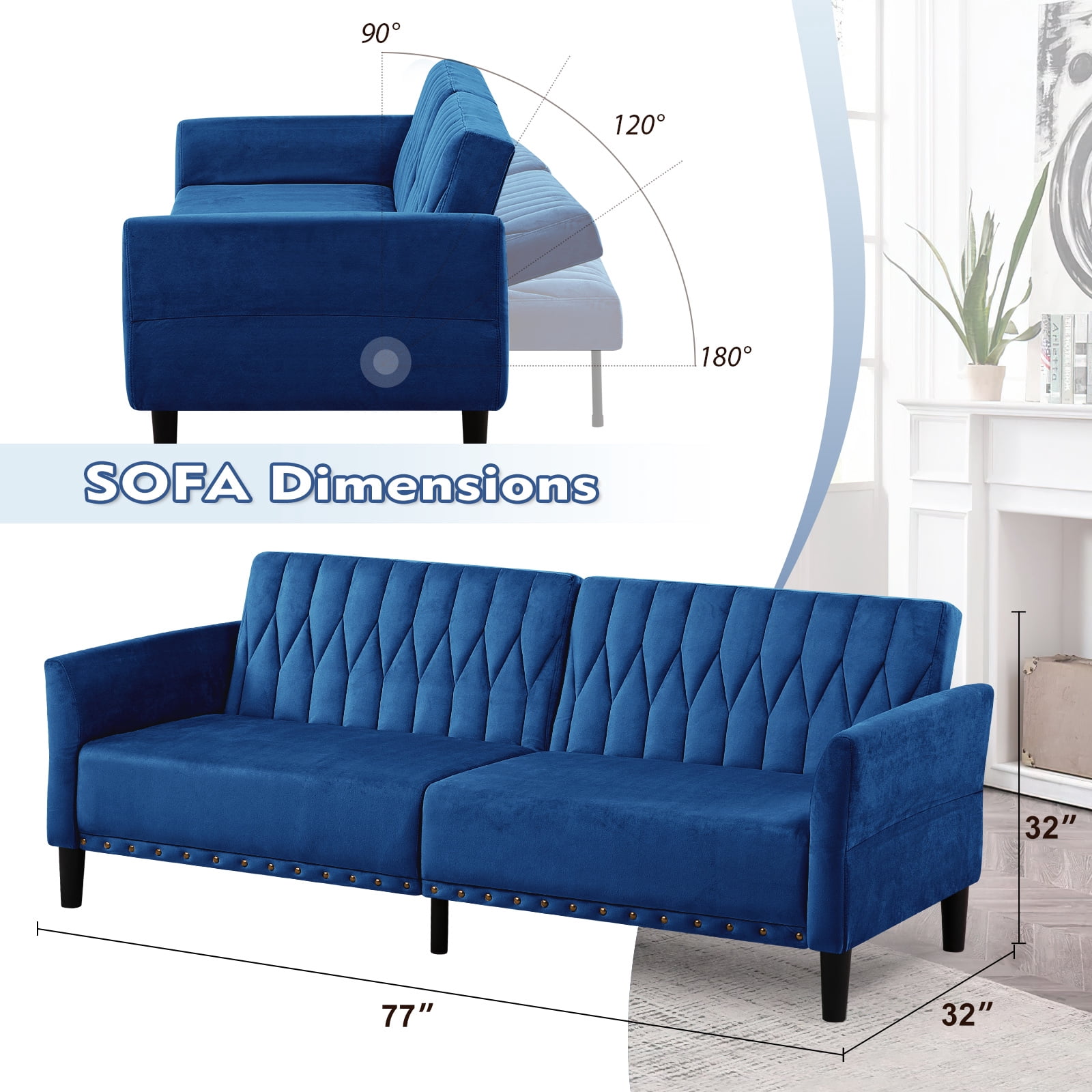 ACMEASE 77 Inches Velvet Sofa Bed w/Adjustable Backrests & Armrests, Tufted Sleeper Sofa Couch w/Nailhead Trim, Convertible Modern Recliner Loveseat for Living Room,Office, Blue
