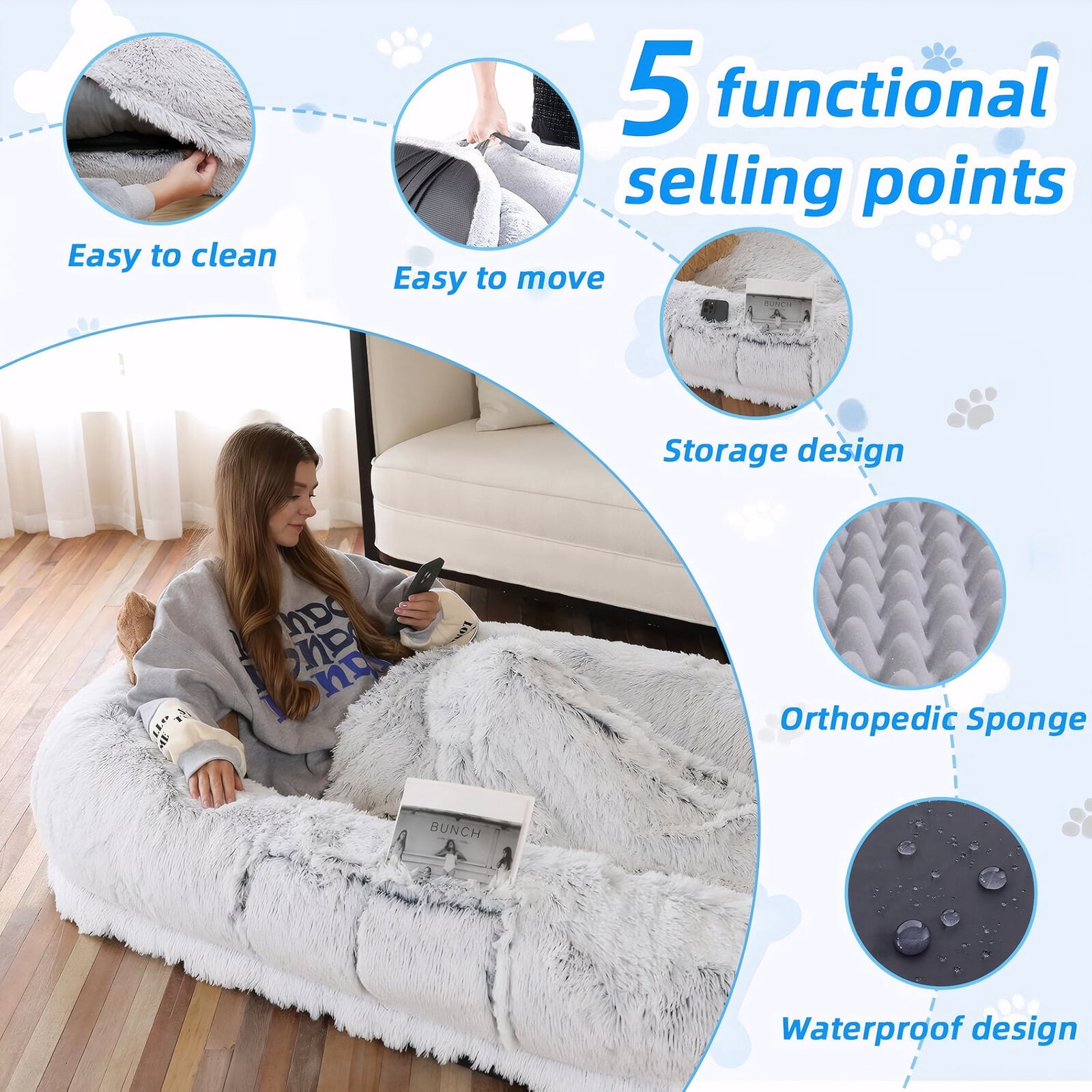 Dog Bed Human Dog Bed, Washable Faux Fur Dog Bed for People Doze Off, Napping Orthopedic Dog Bed,71''x45''x14'' Size Fits You and Pets (Grey) - Blankets and Pillows NOT INCLUDED,Orthopedic Dog Bed