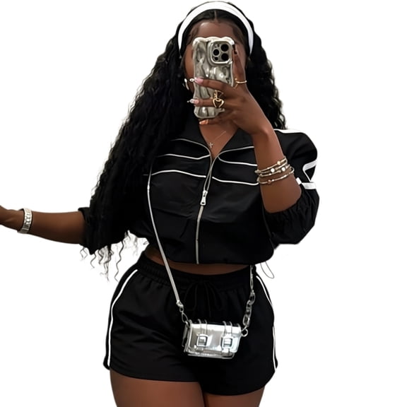 Women's Windbreaker Jacket and Colorblock Shorts 2-Piece Tracksuit Set