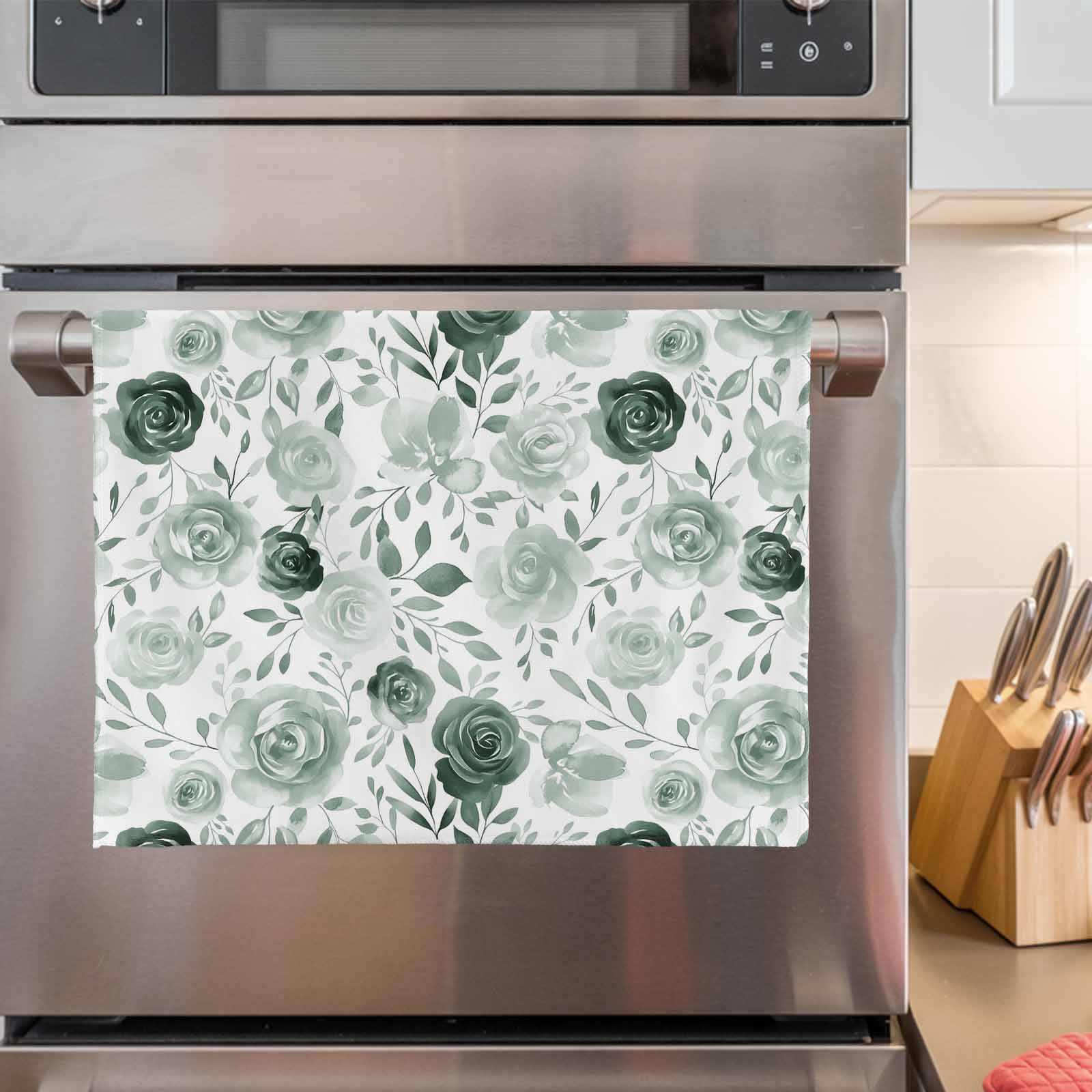 Sage Green Flower Kitchen Towels Set of 2, Water Absorbent Dish Towel, Vintage Rose Floral Botanical Leaf Decorative Hand Towels - Quick Drying Cloth for Cooking Baking, 18x28 Inch
