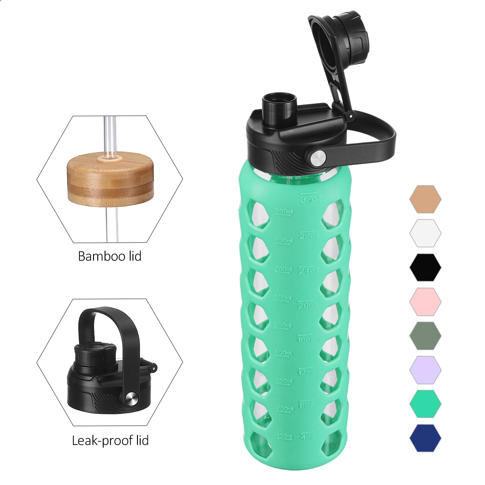MUKOKO 32oz Glass Water Bottles, Motivational Water Tumbler with 2 Lids-Handle Spout Lid&Bamboo Straw Lid, Time Marker Reminder and Silicone Sleeve, Green