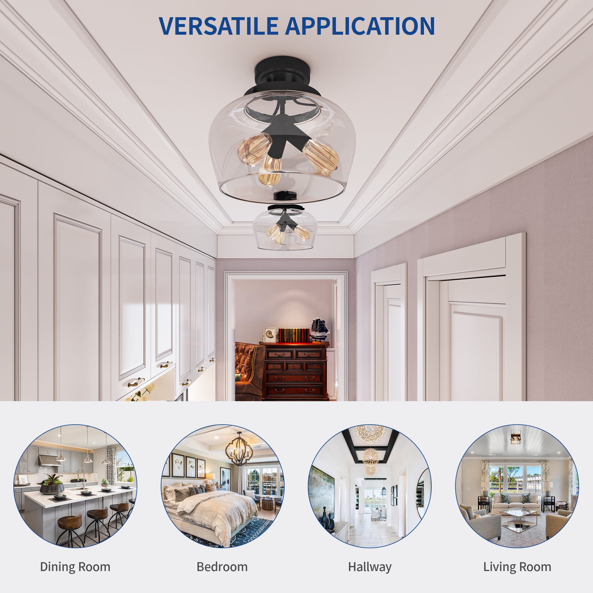 Uforic Semi Flush Mount Ceiling Light, Farmhouse Ceiling light with Clear Glass Shade, Modern Ceiling Light for Closet Dining Room Kitchen Hallway, Mattie Black