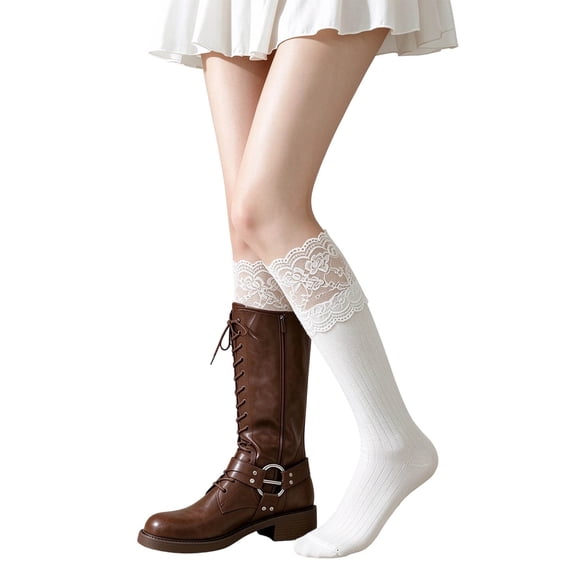 Trendfront Womens Lace Cuff Socks Ribbed Knee High Stockings Scalloped Floral Trim Closed Toe Pull On Long Legwear Boot Accessories