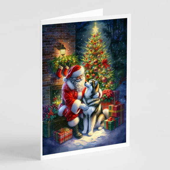 Alaskan Malamute and Santa Claus Greeting Cards Pack of 8 7 in x 5 in