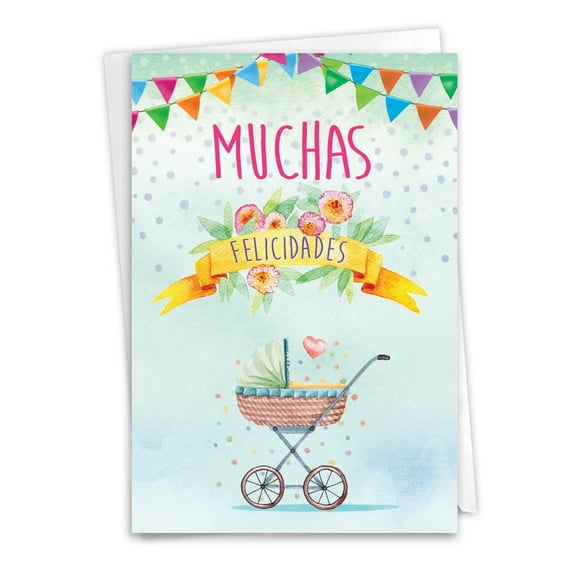 NobleWorks Spanish Baby Greeting Card with 5 x 7 Inch Envelope (1 Card) Shower, Announcement Muchas Felicidades C8830BBG-SL