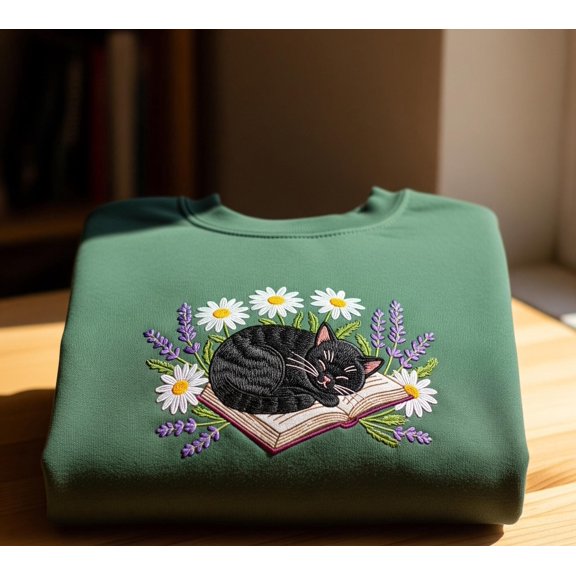 Black Cat and Book Sweatshirt – Cozy Embroidered Cat with Flowers Pullover, Cute Reading Lover Crewneck, Unisex Sweater