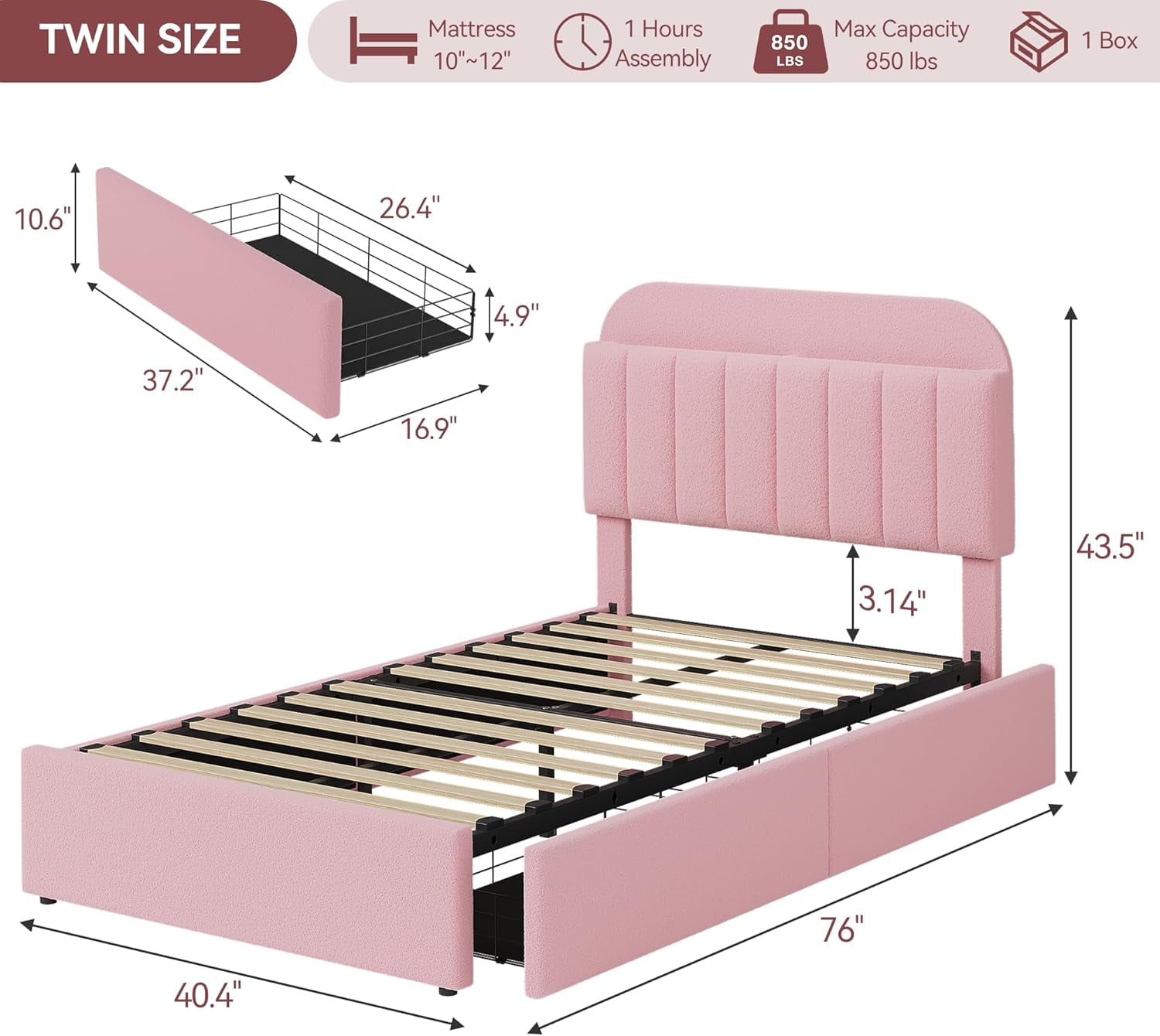 Twin Size Bed Frame with Storage Drawers & Bookcase Headboard, Boucle Platform Bed, Noise-Free, No Box Spring Needed, Pink