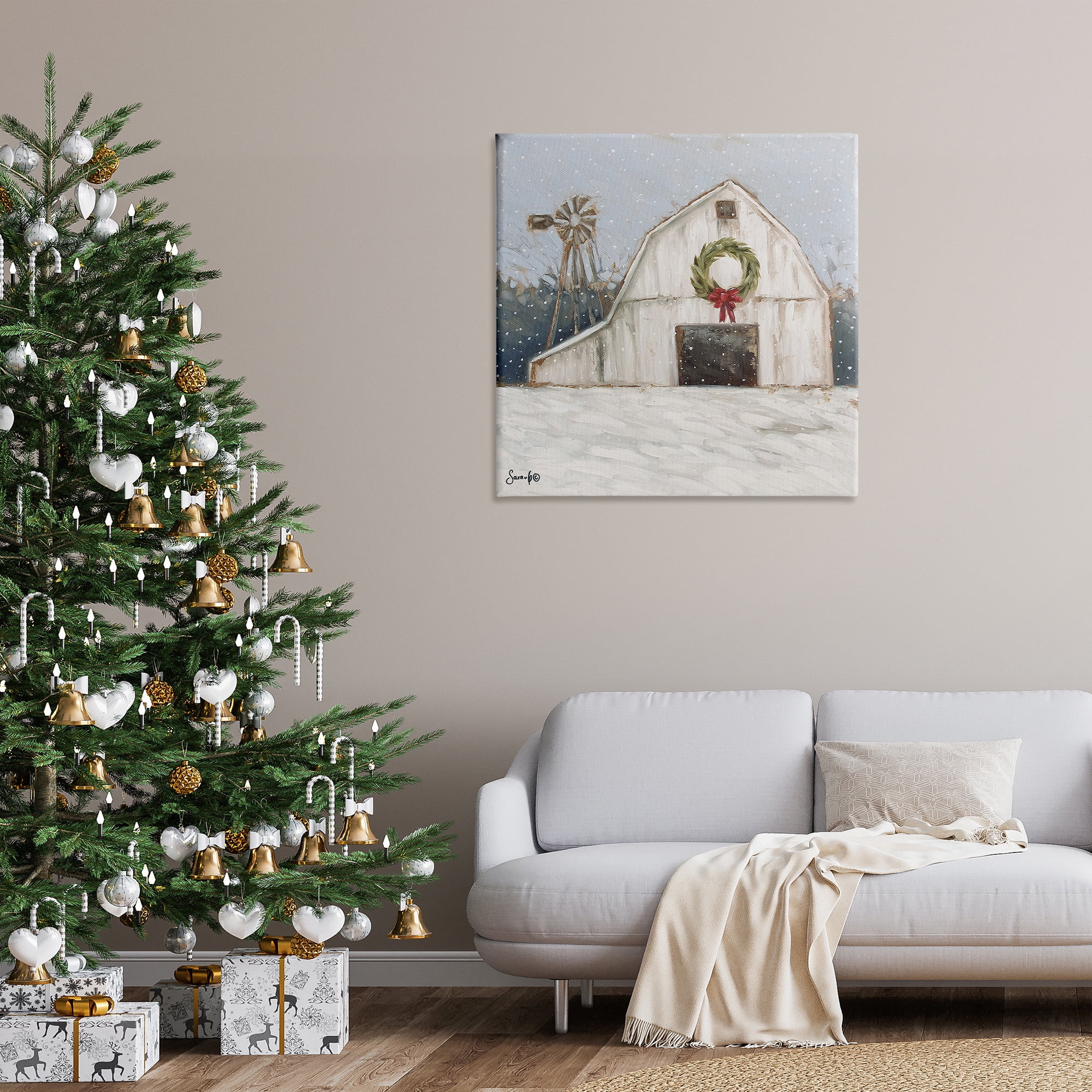 Stupell Industries Winter Barn with Snowflakes Landscape Painting Gallery Wrapped Canvas Art Print Wall Art, 36 x 36