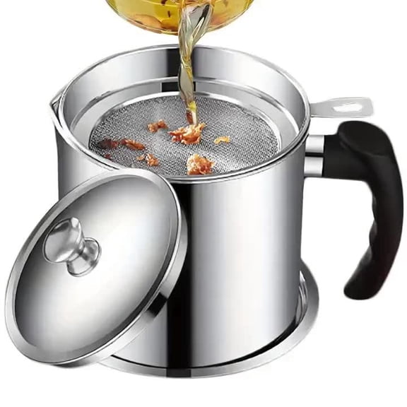 304 Stainless Steel Silver Kitchen Grease Container with Strainer, Easy Pour Handle, Oil Storage Can for Cooking Oil & Grease, Essential Kitchen Accessory