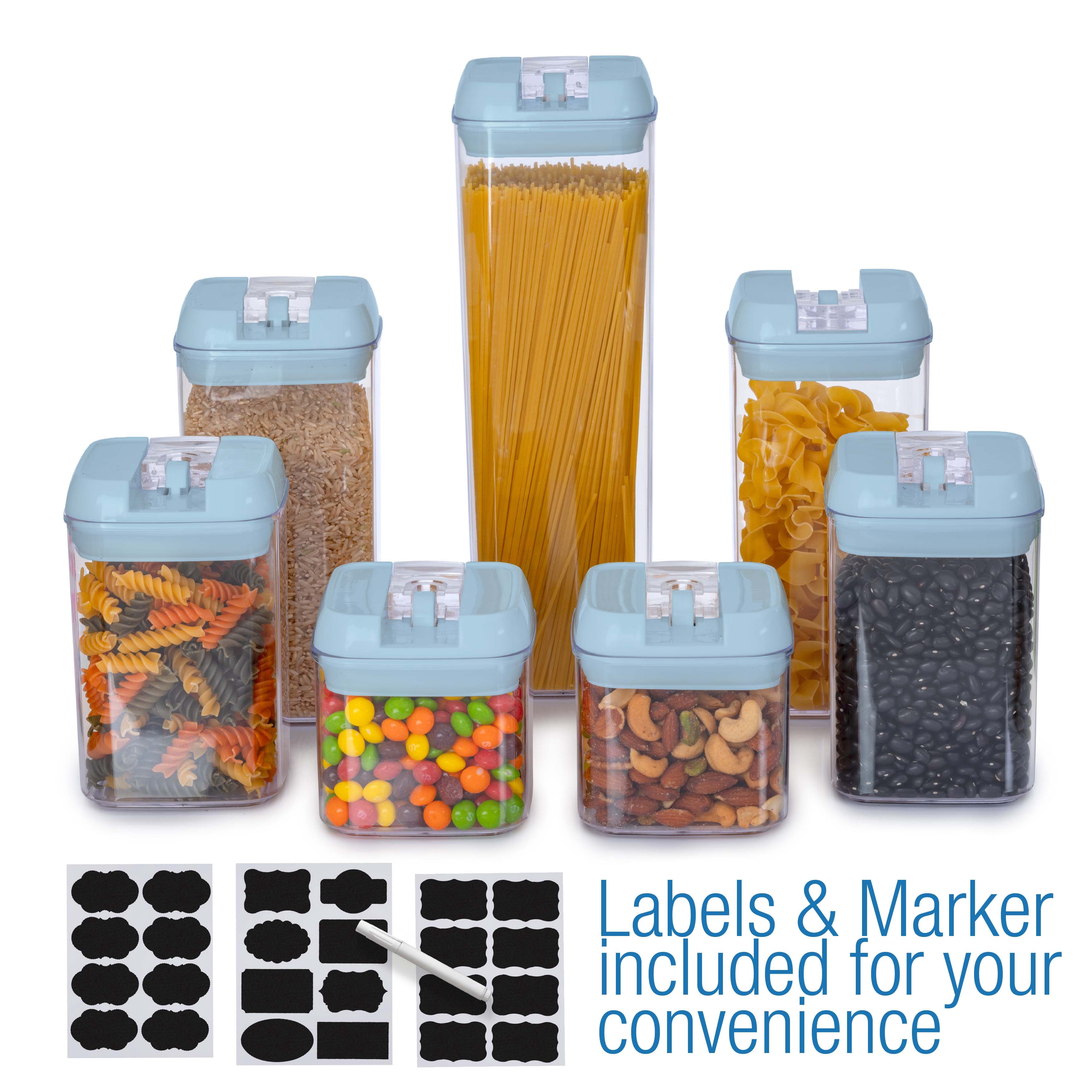 Cheer Collection Airtight Food Storage Containers and Pantry Organizer Bins, Includes Dry Erase Marker and Labels, Set of 7 (Blue)
