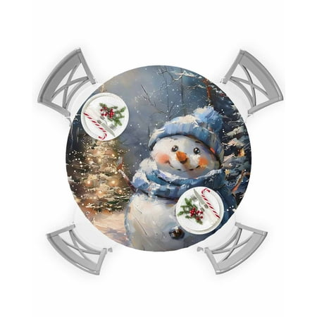 

Round Tablecloth with Elastic Christmas Cute Blue Scarf Snowman Waterproof Stain-proof Table Cover Wipeable Fitted Table Cloths for 36 -44 Round Tables Dining Kitchen Indoor Outdoor Use