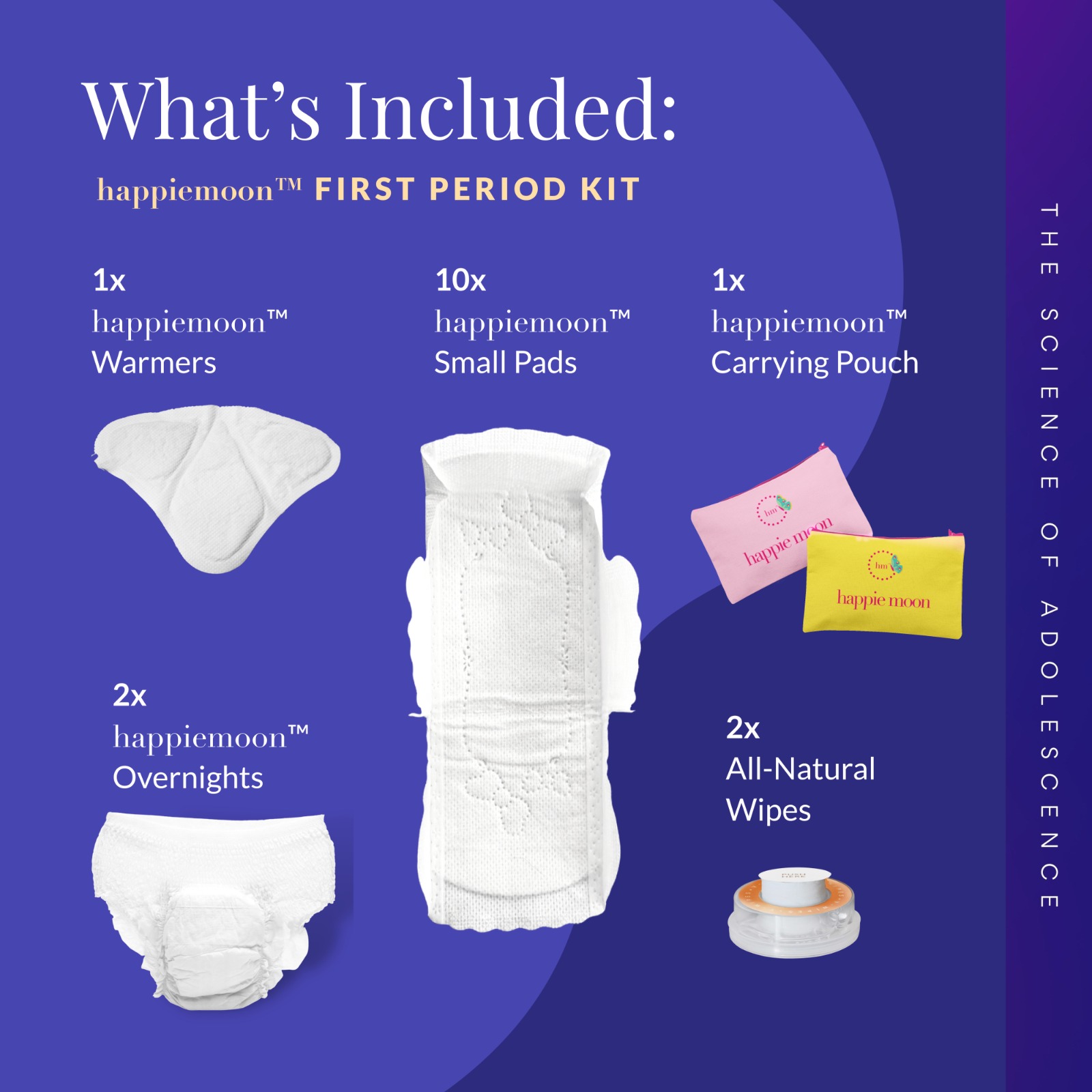 Happie Moon First Period Kit | Menstrual Starter Set For Tweens & Teens | All-Inclusive 10 Pads, 2 Overnights, Happie Moon Warming Patch And Small Pads Pouch
