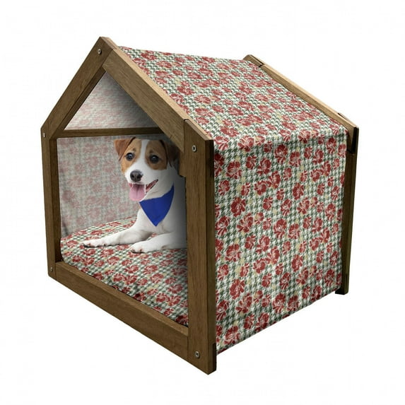 Floral Pet House, Vintage Classic with Scottish Houndstooth Vivid Rose Florets Feminine Pattern, Outdoor & Indoor Portable Dog Kennel with Pillow and Cover, 5 Sizes, Hunter Green Ruby, by Ambesonne