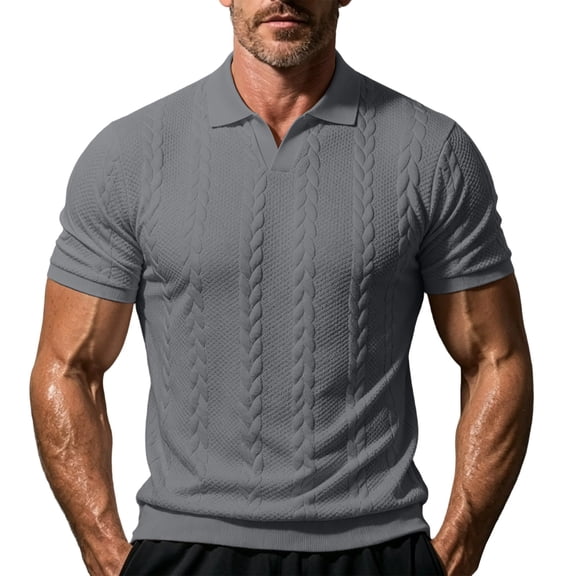 YLSDY Men's Cable Knit Golf Shirt, V-Neck with Open Collar, Short Sleeve Textured Casual Top Dark Gray L