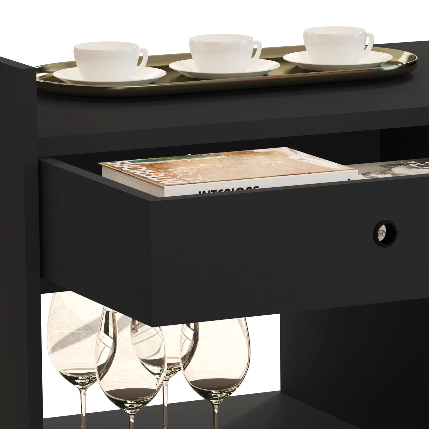Ember Interiors Modern Bar Cabinet with 2 Open Shelves, Black