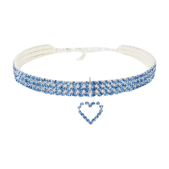 Three-Row Stretch Pet Rhinestone Necklace With Heart Pendant, Adjustable Adjustable Safety Release Collar, Copper-Plated Mixed Color Pet Jewelry For Small Dogs And Cats, Blue