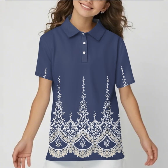 CCRFTGI Polo Shirts for Children Girls 7-8 School Uniform Print Shirt Athletic Sport Button Up Collared Polo Lightweight Quick Dry 2026 Summer Tops Royal Blue 5-6 Years