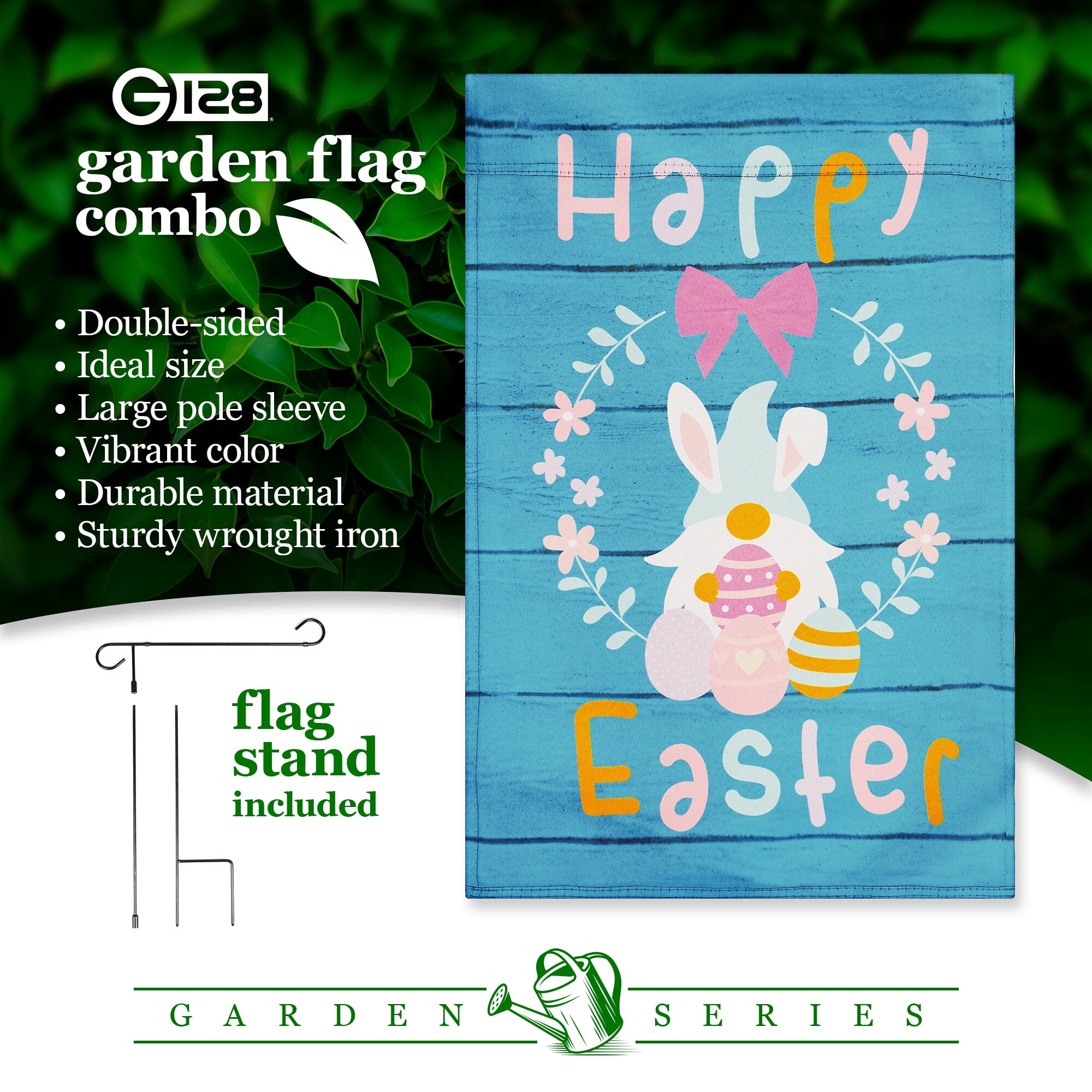 G128 2sets: 36"x16" Black Garden Flag Stand & Double-Sided 12"x18" Easter Flags Rabbit Gnome Eggs