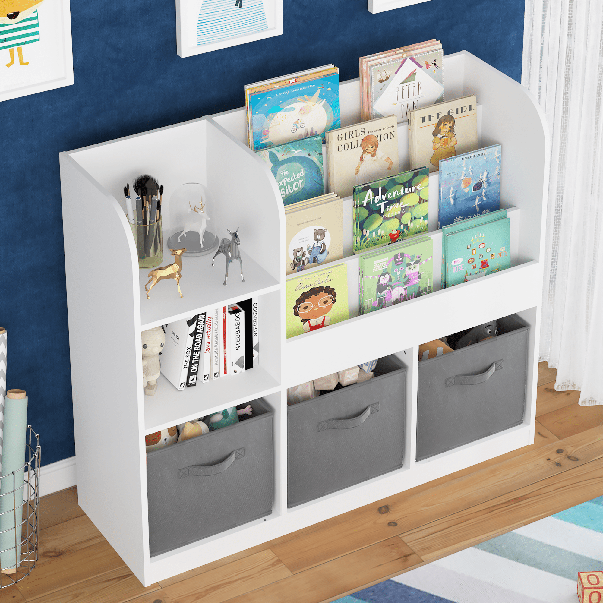 Jopath Kids Toy Organization Cubby Bookcase with 3 Fabric Drawers,Bookcase Display Stand for Bedroom, Playroom,Gray02