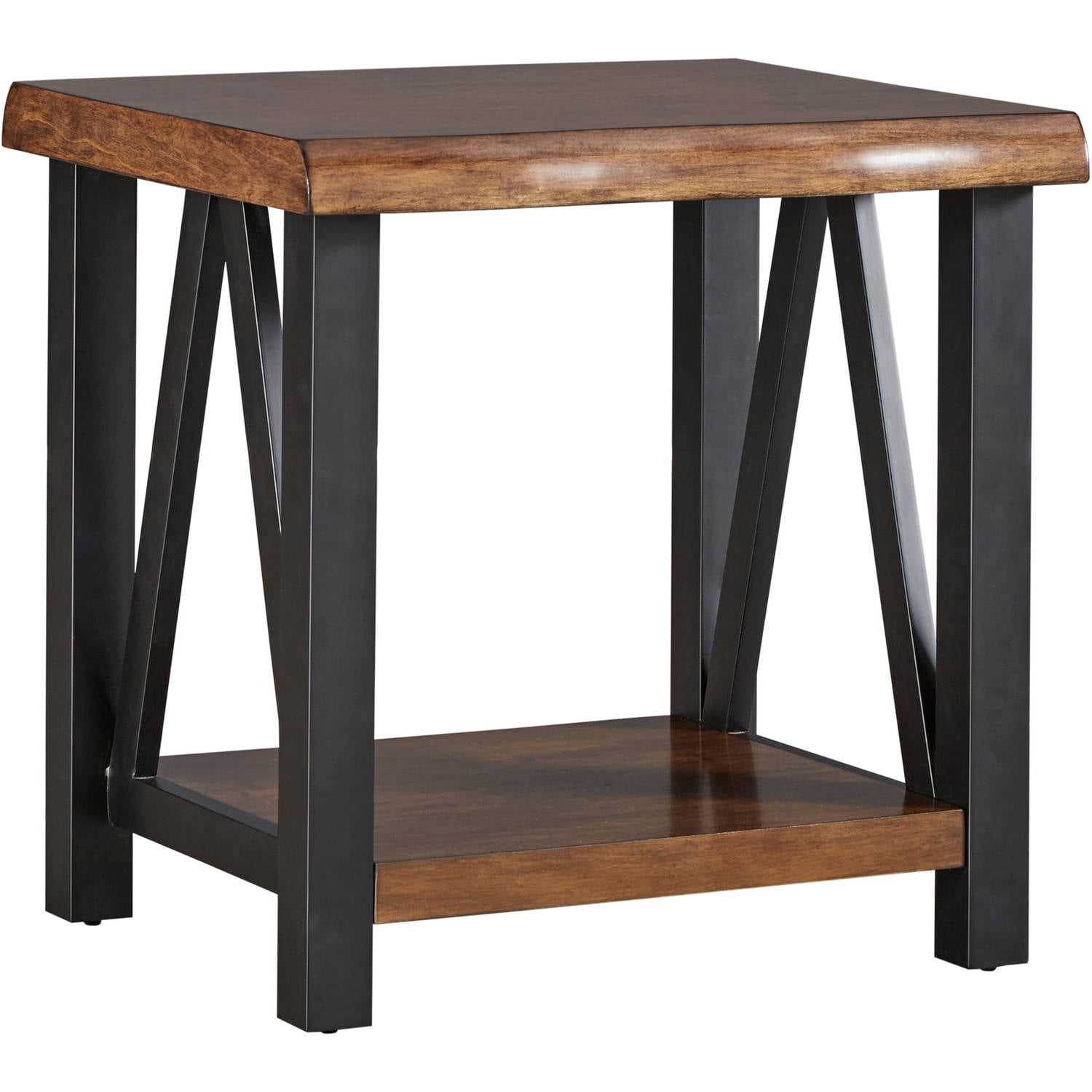 Weston Home Rustic Metal Base End Table with Natural Edge Table Top and Lower shelf