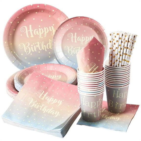 120pcs Party Plates and Napkins Set for 24 Guest, Happy Birthday Party Tableware Include Paper Dessert Plates,Cups and Napkin for Girl Women Party Decoration Supplies Disposable Pot