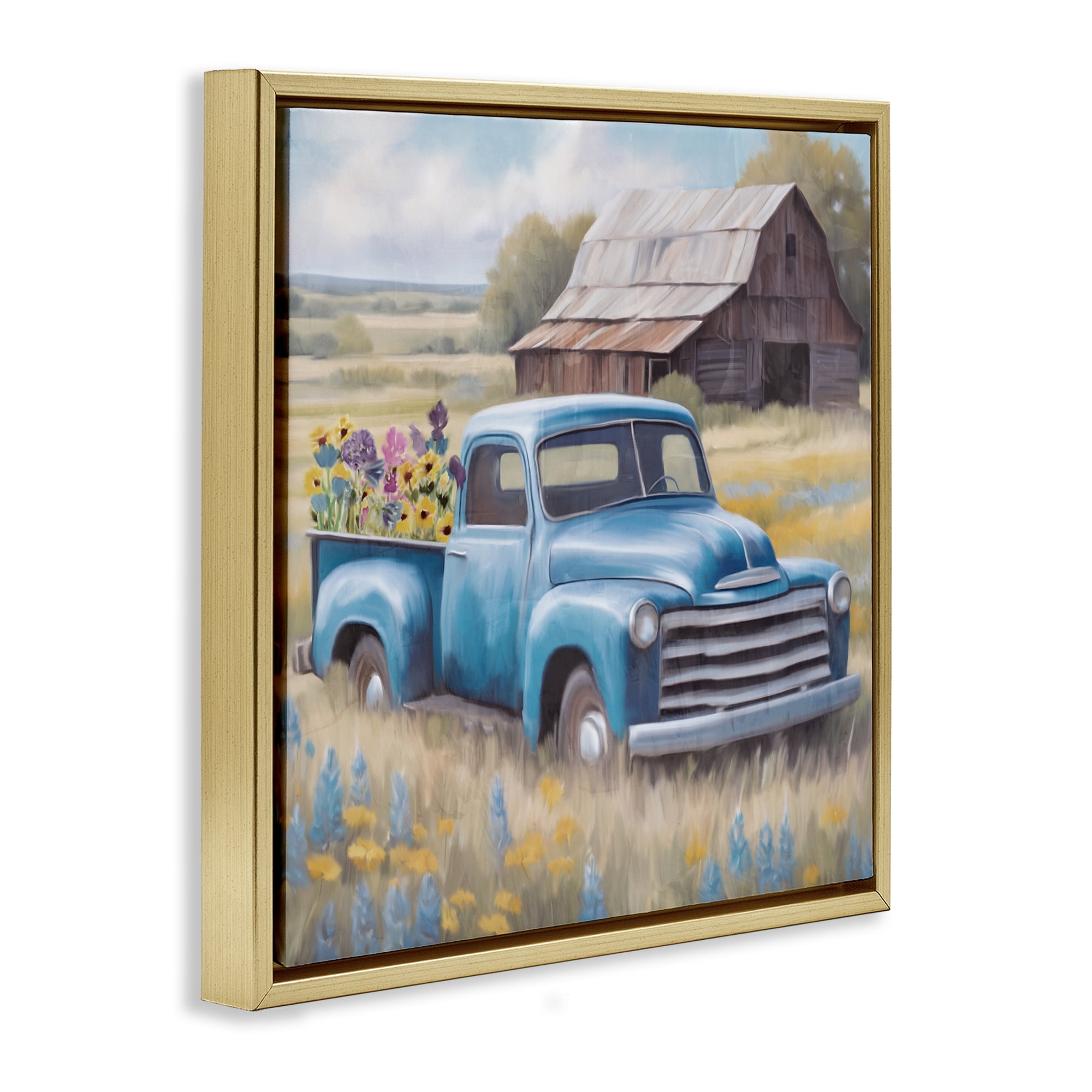 Stupell Industries Flower Truck in Antique Blue Gold Framed Floater Canvas Wall Art, design by Kim Allen