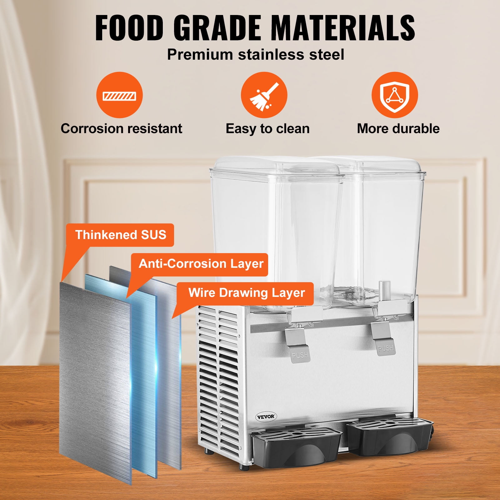 BENTISM Commercial Beverage Dispenser Cold Juice Ice Drink Dispenser 18L*2 Tanks Stainless Steel Commercial Slushy Machine 2 Tanks