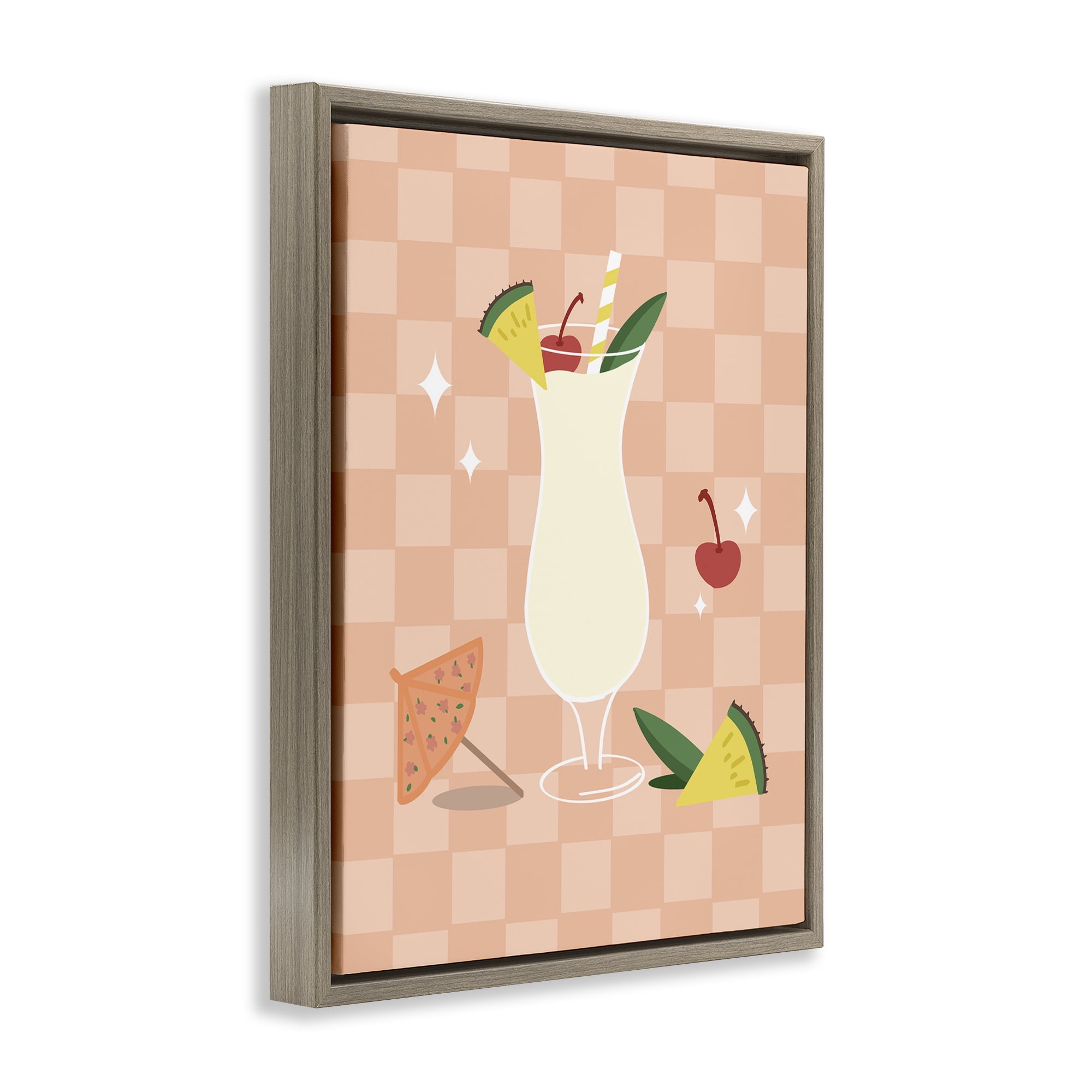 Stupell Industries Pina Colada on Checkered Food & Beverage Painting Brown Floater Framed Canvas Art Print Wall Art, 17 x 21