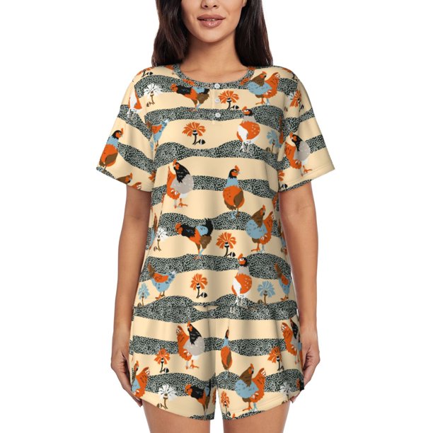 Balery Funny Chicken Conjunto de Pijama para Mujer con Estampado, Dos Piezas de Manga Corta y Shorts, Ropa de Dormir Suave con Cuello Redondo y Bolsillos-3X-Large