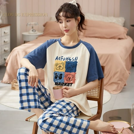 

QWZNDZGR Summer Knitted Cotton Elegant Pajamas Set Women Pyjamas Polka Dots Sleepwear Nightwear Pijama Mujer Plus Size Calf-Length Pants
