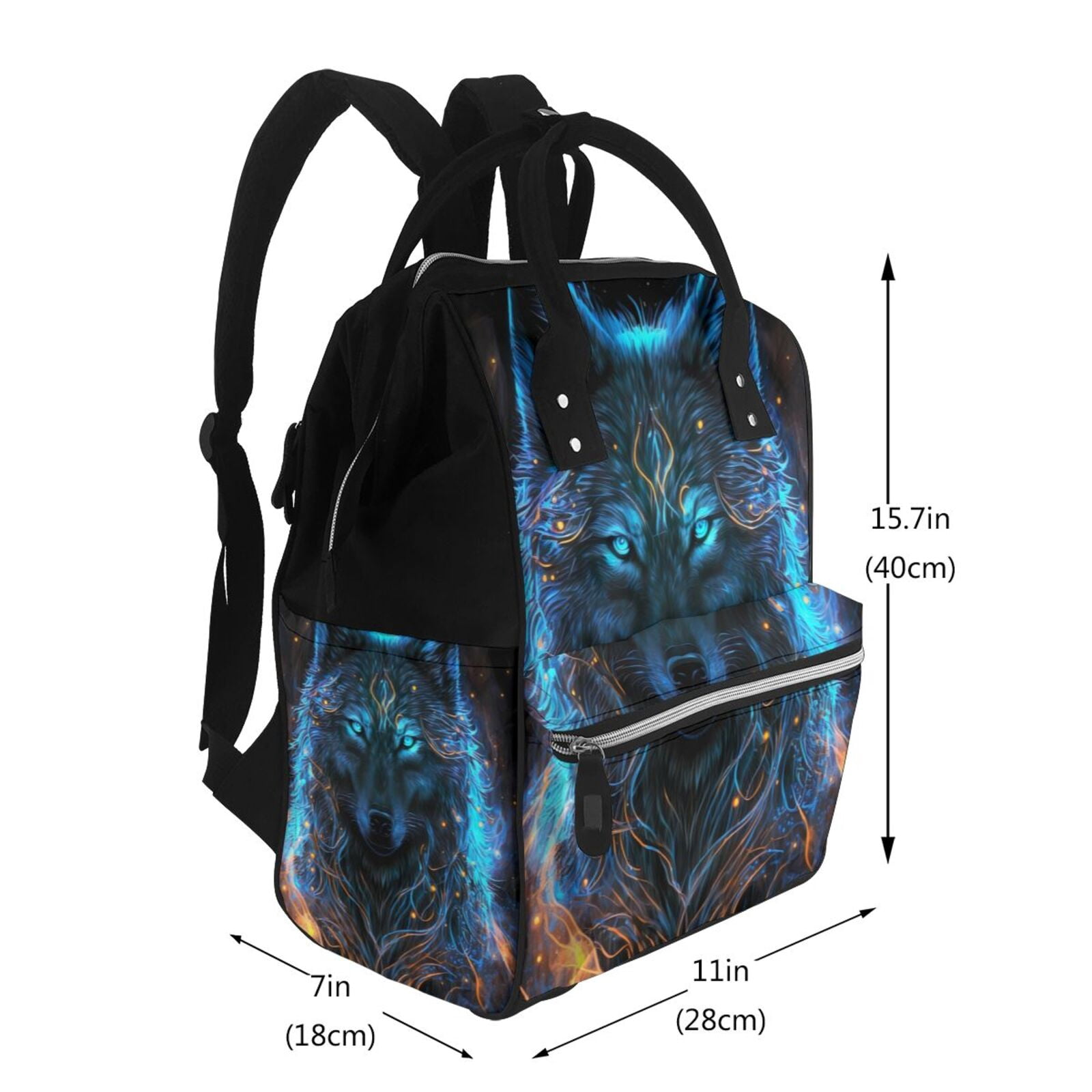 Ratiio Cool Blue Light Wolf Mummy Backpack - Waterproof Twill Canvas, Large Capacity Diaper Bag with Multiple Pockets and Adjustable Straps