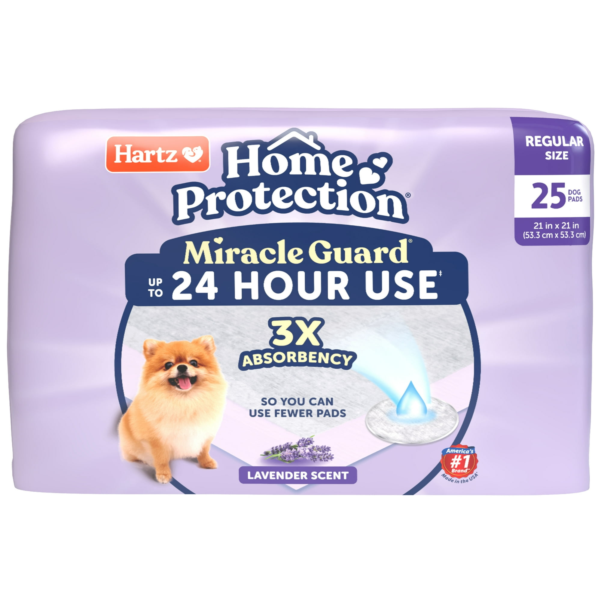 Hartz Miracle Guard Dog and Puppy Pads Max Absorbency 24 Hour Use Odor Eliminating Lavender Scented No Leaks, Regular, 25 Count