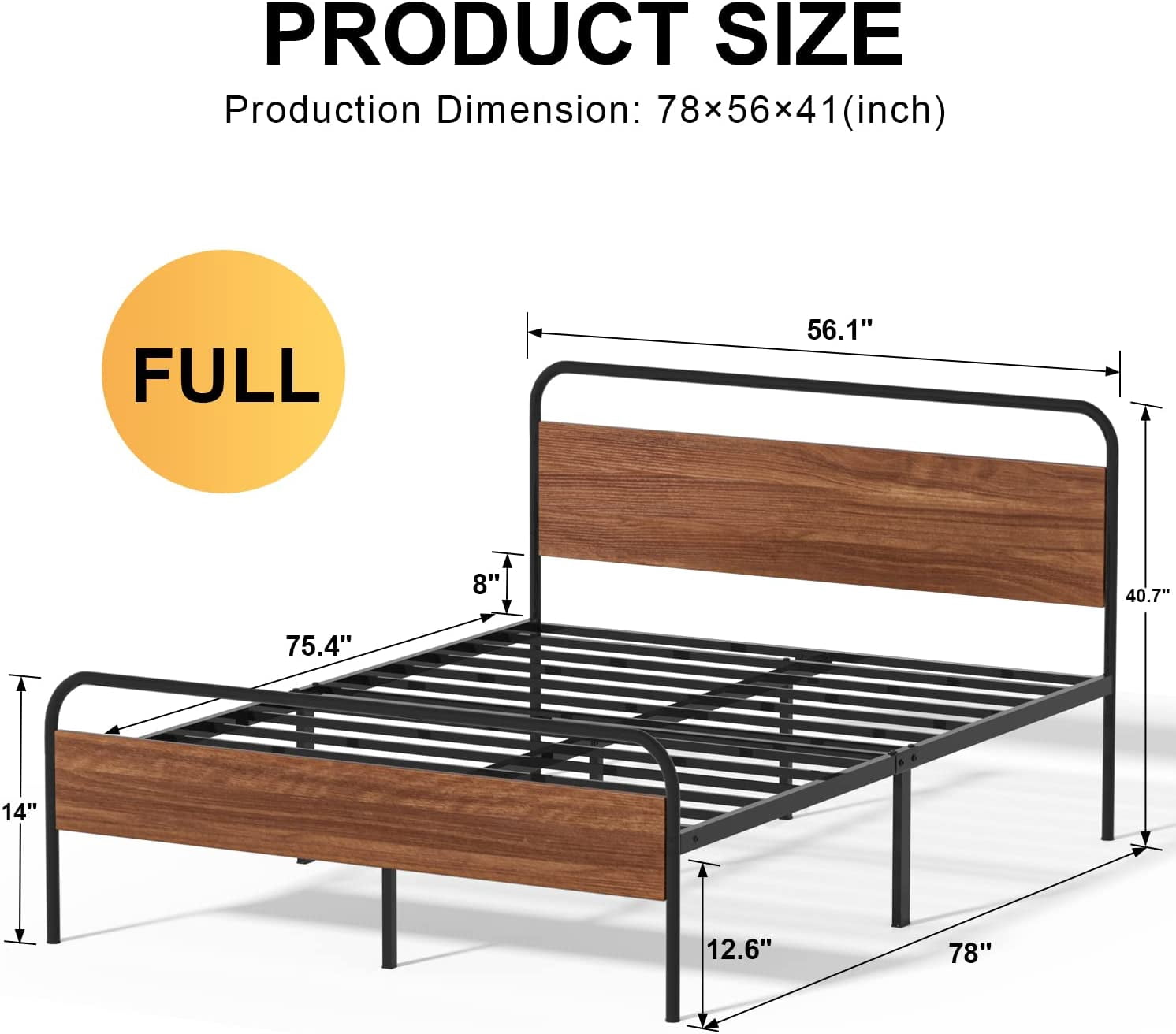 Lacoo 41 Inch Metal and Wood Platform Bed Frame, No Box Spring Needed, Metal Slat Support, Easy Assembly, Chestnut Brown, Full