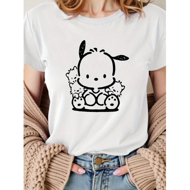Women's Pacha Dog Sitting Pattern Summer Casual Round Neck Short T-Shirt