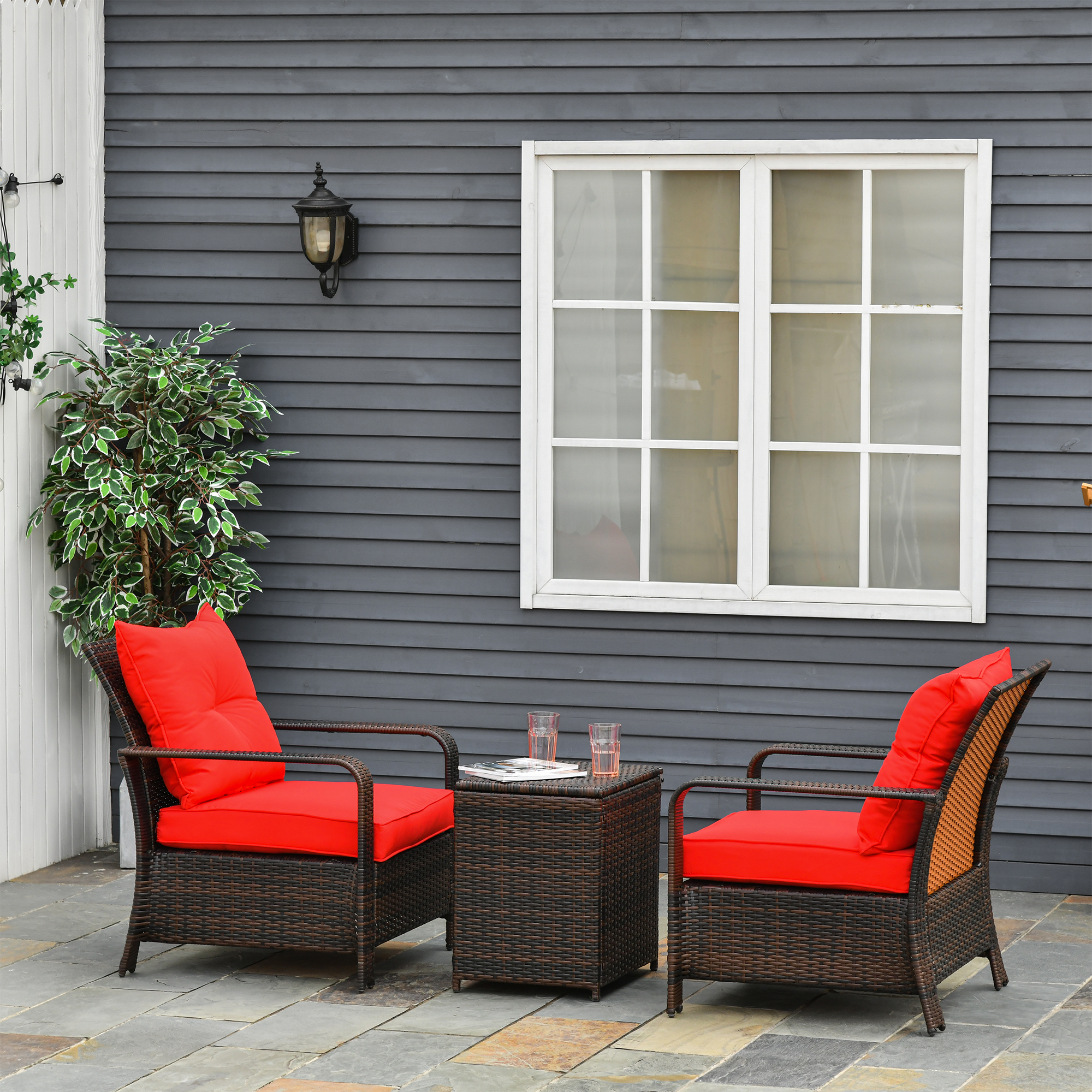 Outsunny 3 Piece Patio Furniture Set, PE Wicker Storage Table & Chairs, Red - image 2 of 9