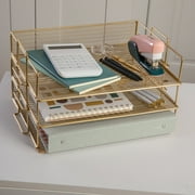 Martha Stewart Ryder 3 Tier Gold Desk Letter Tray Organizer, Stackable Steel Mesh Inbox Tray for Files, Papers, or Letters