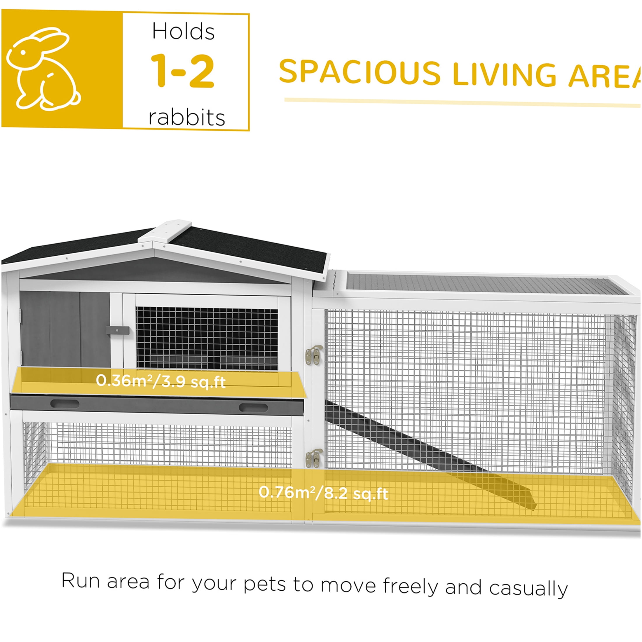 JERFIT 2-Story Outdoor Rabbit Hutch with Waterproof Asphalt Roof, Detachable Run & Slide-Out Tray, Large Wooden Bunny Cage House for Indoor Outdoor Use, Light Gray